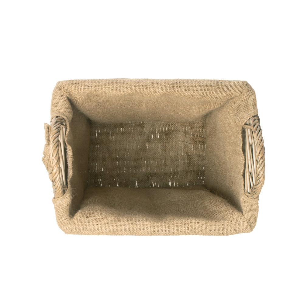 Small Rectangular Hessian Lined Wicker Log Basket-2