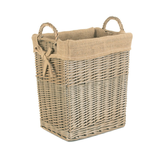 Small Rectangular Hessian Lined Wicker Log Basket-0